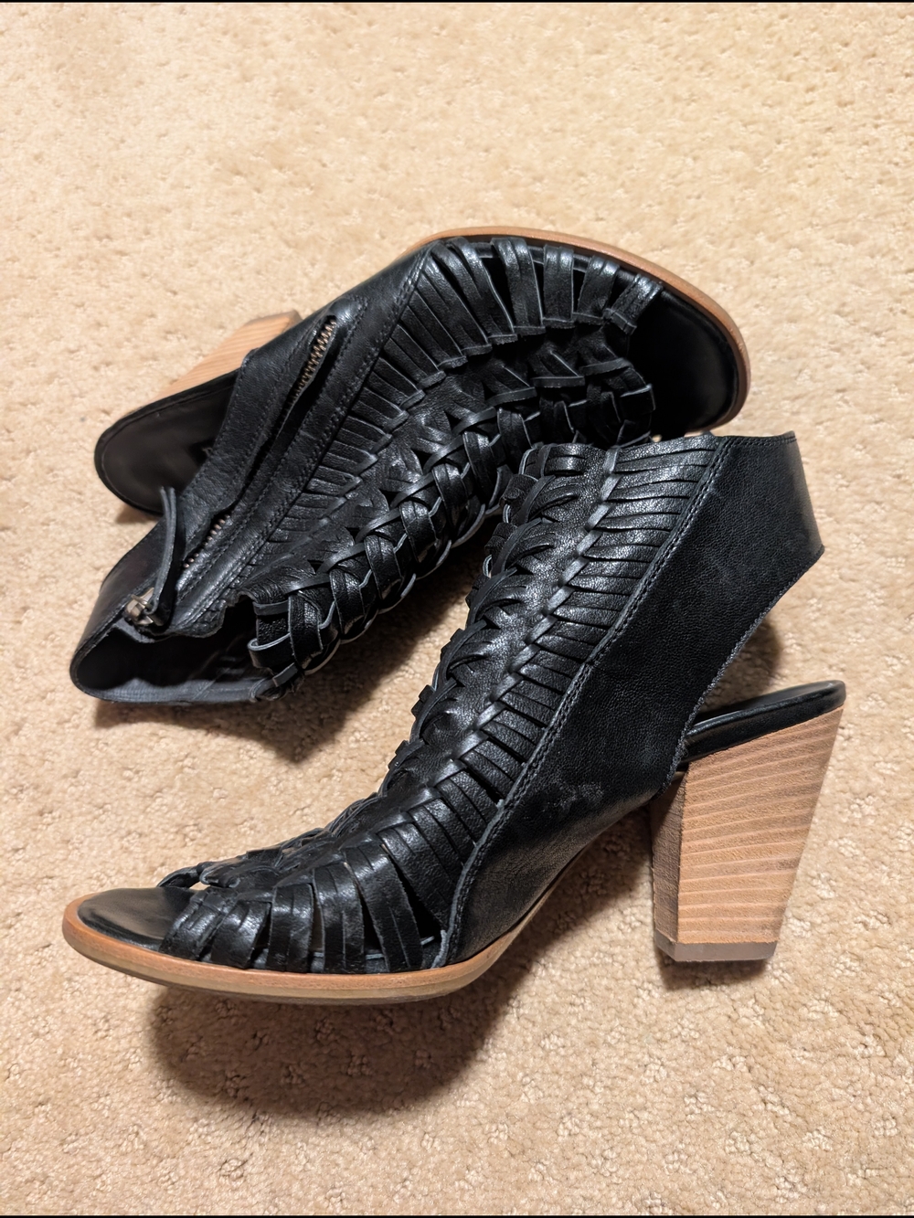 Paul Green Black Woven Slingback Block Heel Sandals